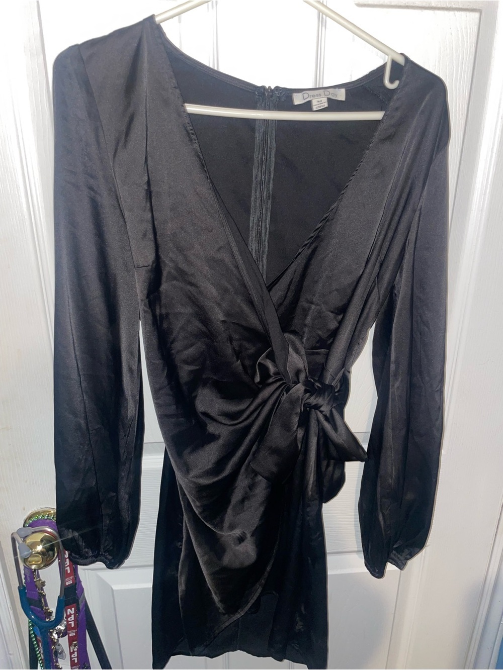 Dressed Up Black Satin Wrap Dress with Side Tie
